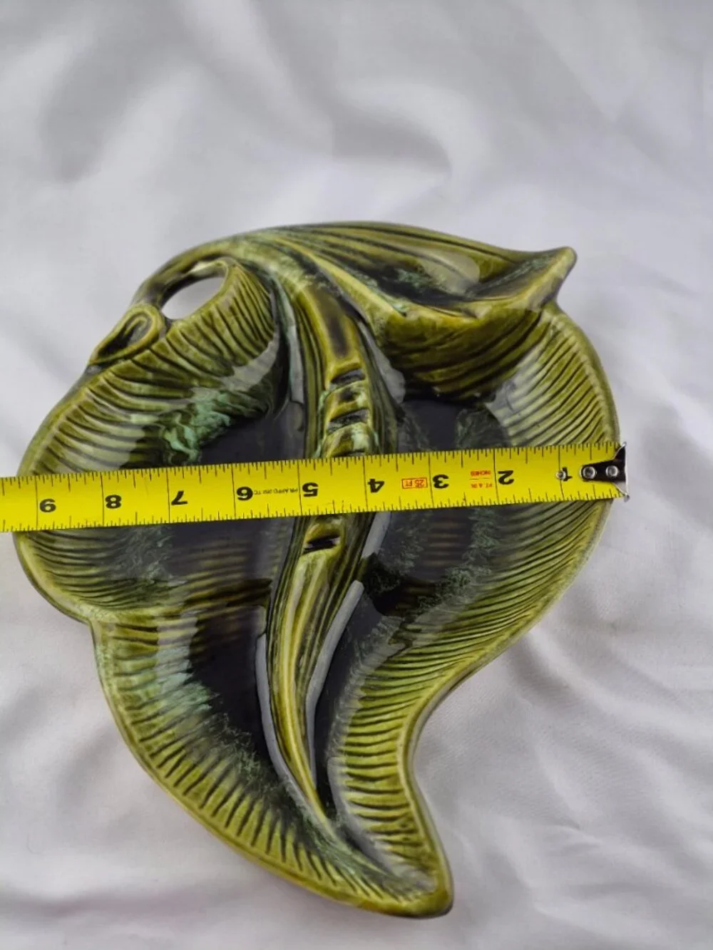 Vintage California Pottery USA Leaf Shape Green Ashtray Drip Glaze